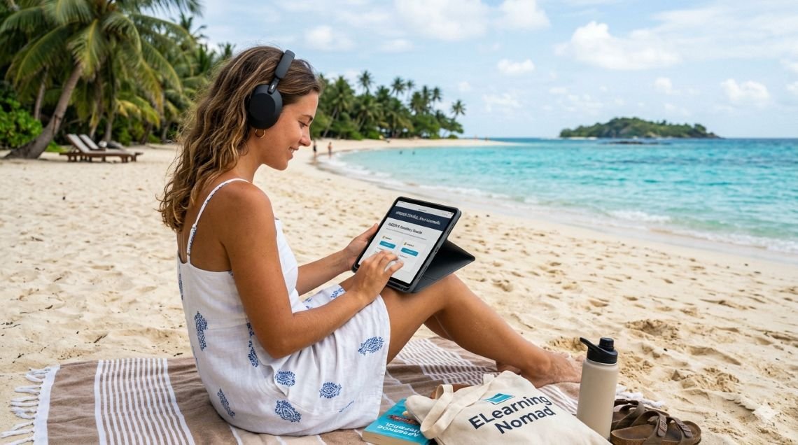 Mujer estudiando en la playa